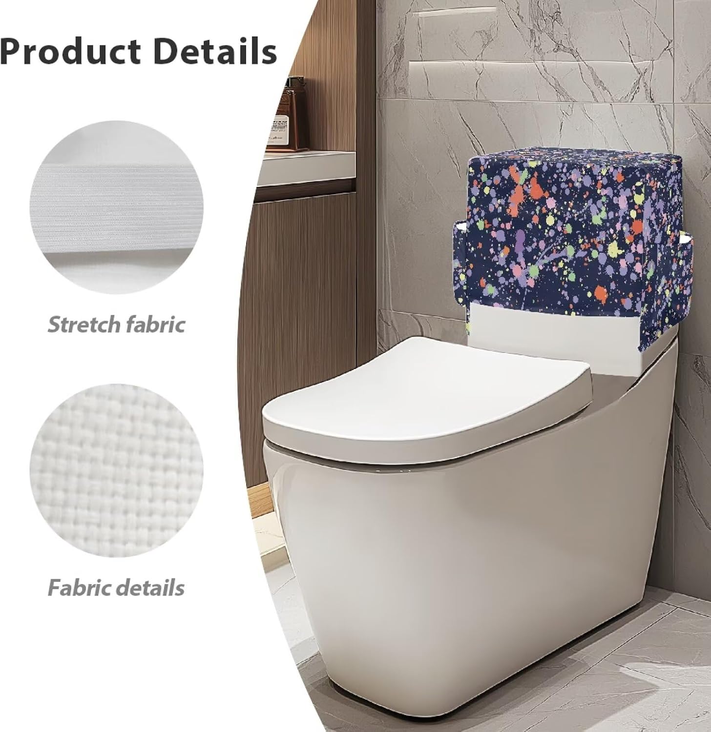 Paint Spatter Print Bathroom Toilet Tank Cover with Side Pockets, Stretchable Toilet Lid Tank Protector Anti Slip Bathroom Decoration Accessories Fits Most Toilet Tanks and Lids