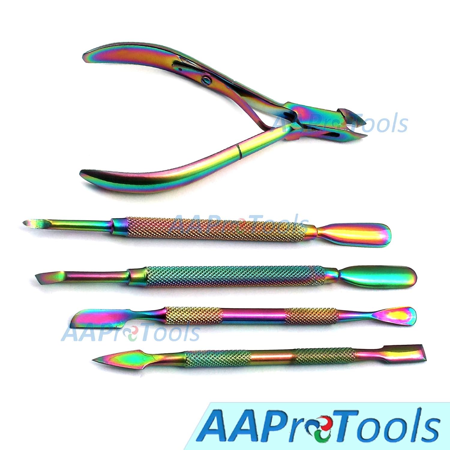 Cuticle Pusher Remover with Nipper Rainbow Stainless Steel Manicure Nail Art Tool Set