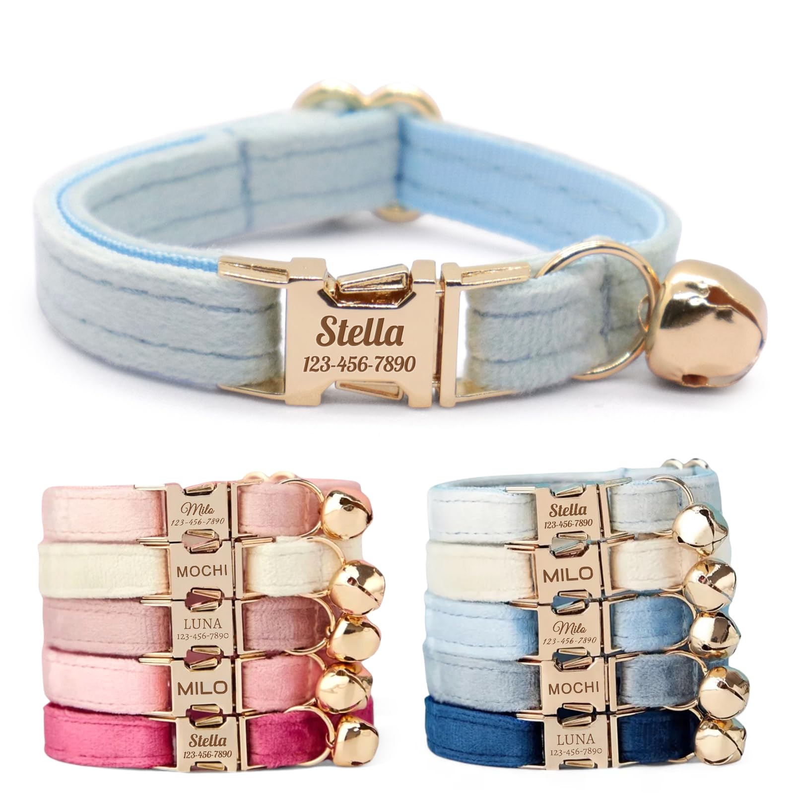 CHRYMPETIC Non-Breakaway Velvet Personalised Cat Collar with Name - Customisable Collar with Bell & Bow Tie Available (Light Blue)
