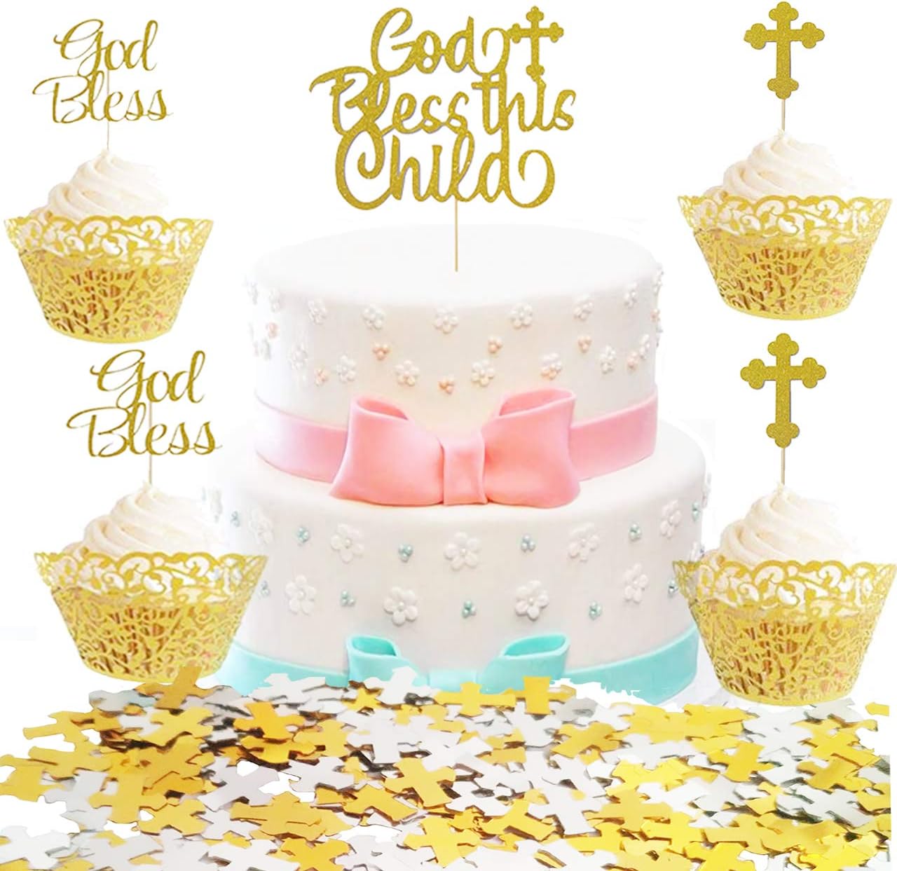 25 Counts Sparkly God Bless Cake Toppers with 12g Gold and Silver Cross Confetti for First Communion Decorations,Kingsnow Cross Cupcake Toppers for Baptism Christening 1st Holy Communion Decoration Cupcake Toppers Birthday Cake Decor