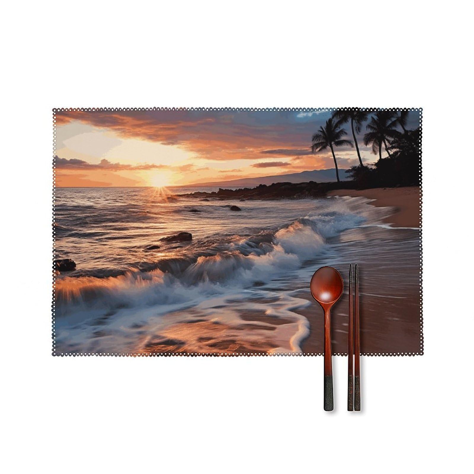 Beach Maui Hawaii Sunset Sea Waves Clouds Placemats Set of 6 Wipeable Table Mats for Kitchen Dining Table Heat Resistant Waterproof Modern Indoor/Outdoor Non-Slip Easy Clean Place Mats