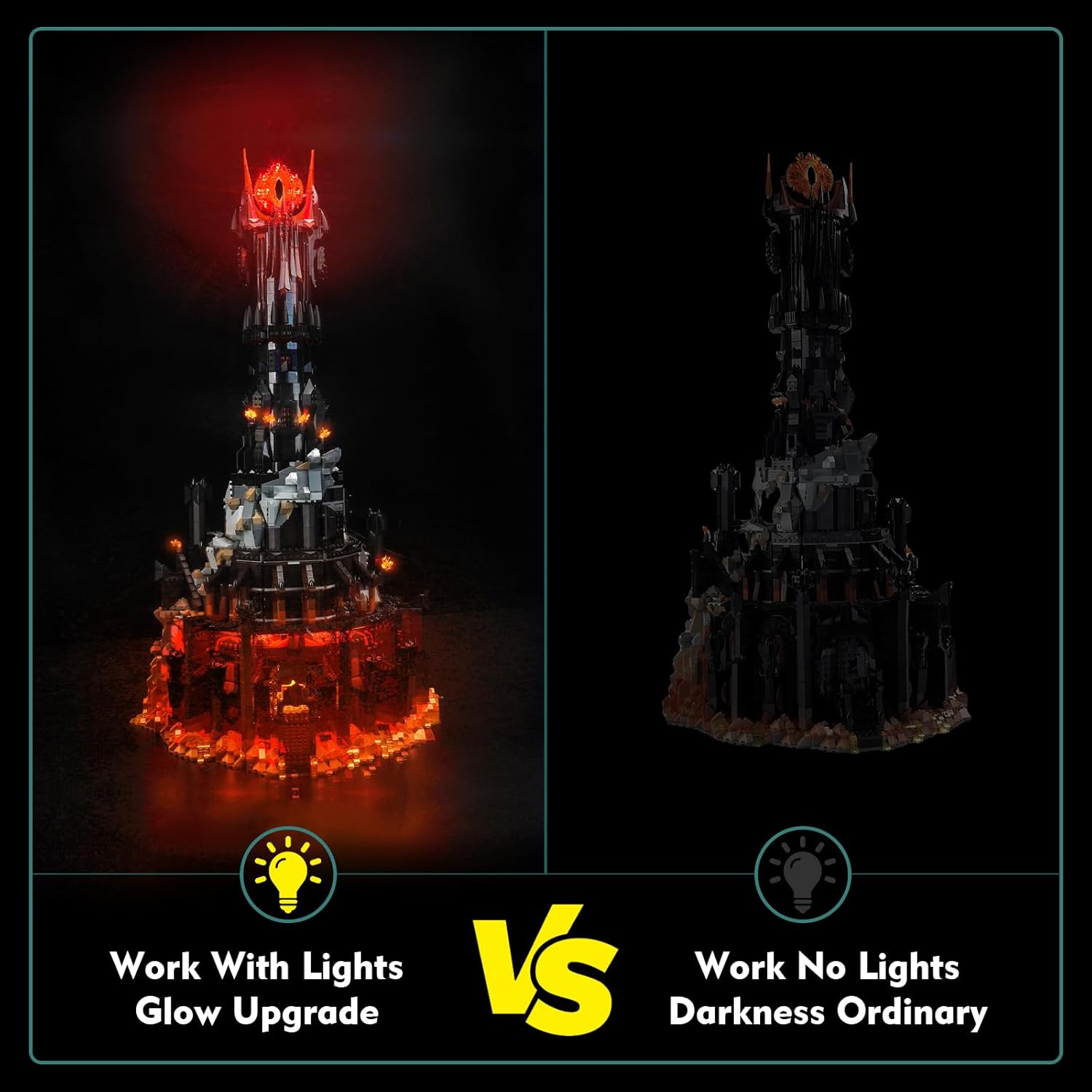 Comparison of Lego Barad-dûr model with and without the LocoLee light kit, showing enhanced glow.