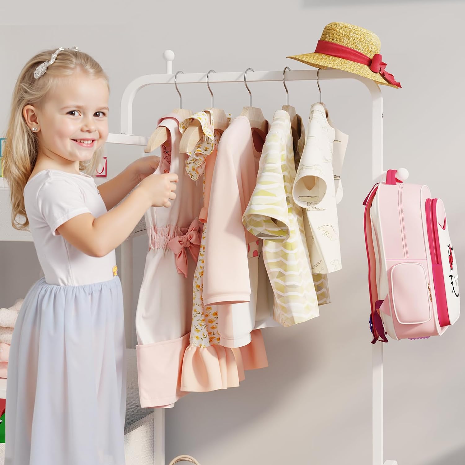 BBLIKE Kids Clothing Rack - Baby Clothes Organizer with Bottom Storage Shelf, Garment Rack With Storage Box for Hanging Clothes, Coats, Skirts, White