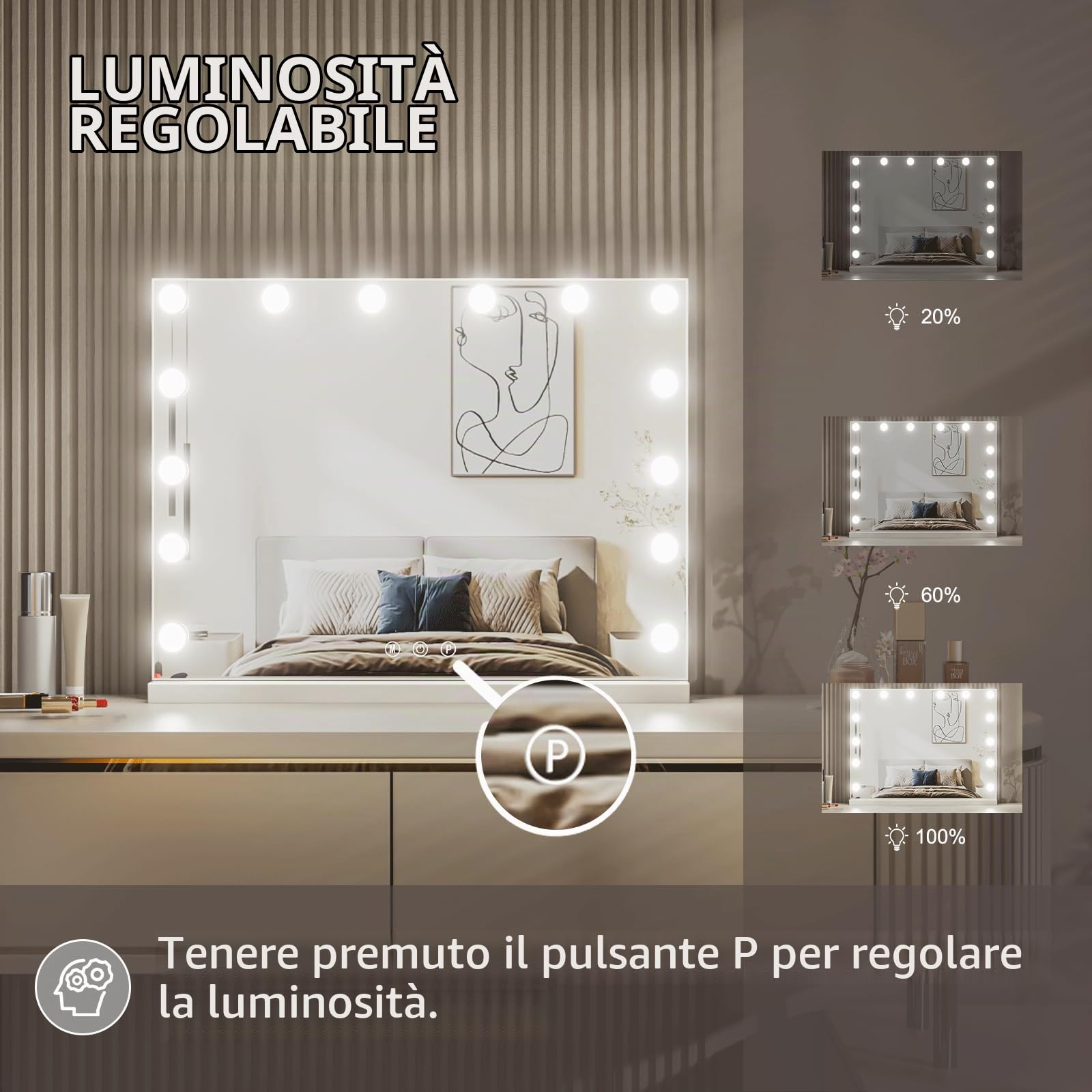 Specchio Trucco con Luci 50x42 cm, Specchio Trucco con Luci Regolabili da Parete, 3 Modalità, Memoria Intelligente, Controllo Touch, Bianco