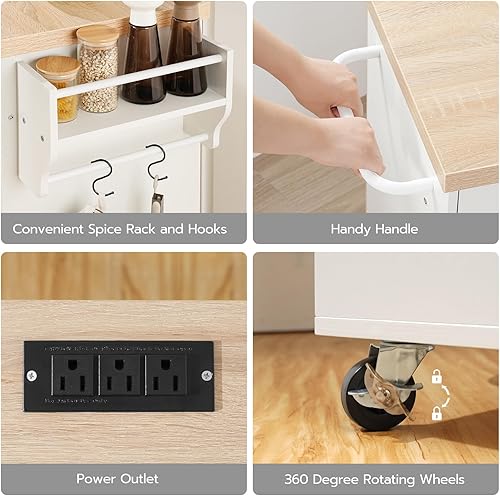 Miniatura 8 de Isla de cocina de 43.3 pulgadas con estación de carga, isla de cocina rodante con almacenamiento, carrito de isla de cocina con estante de especias