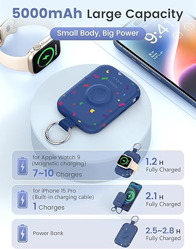 Miniatura 18 de RORRY Cargador portátil, cargador portátil de 5000 mAh con cables integrados, llavero de viaje para Apple Watch Ultra/11/10/9/8/7/6/SE, iPhone Azul