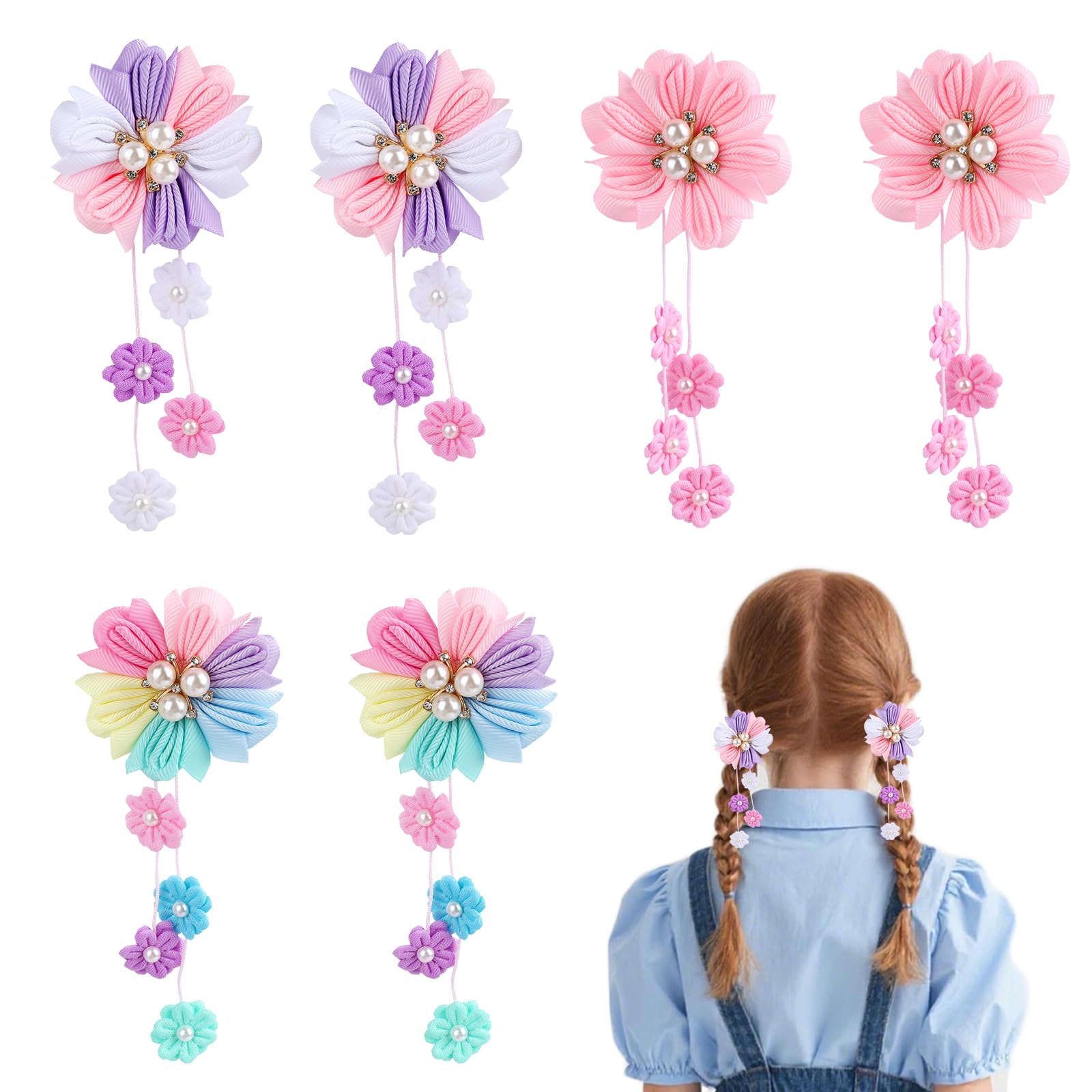 6PCS Hair Bows for Girls, Flower Hair Accessories for Girls, Long Tassel Clips,Cute Flower Clip for Everyday Decorative Use(Colorful Set B)