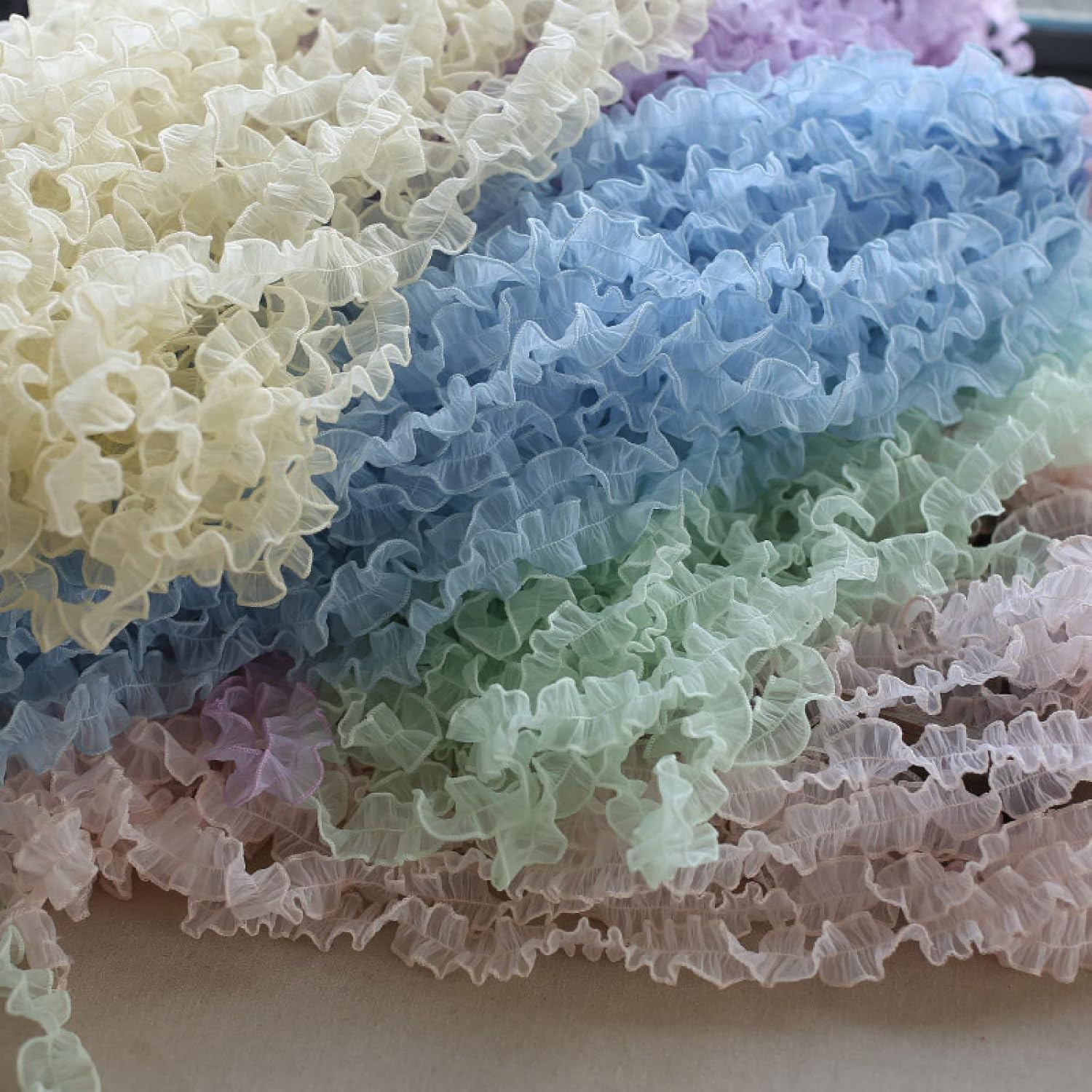 Dressmaking Frilled Trim, 2.19yd Colorful Luxury Tulle Lace Fabric Soft Ruffle Trim Ribbon Edge Dress Collar Applique DIY Sewing Fringe Decoration(Green)