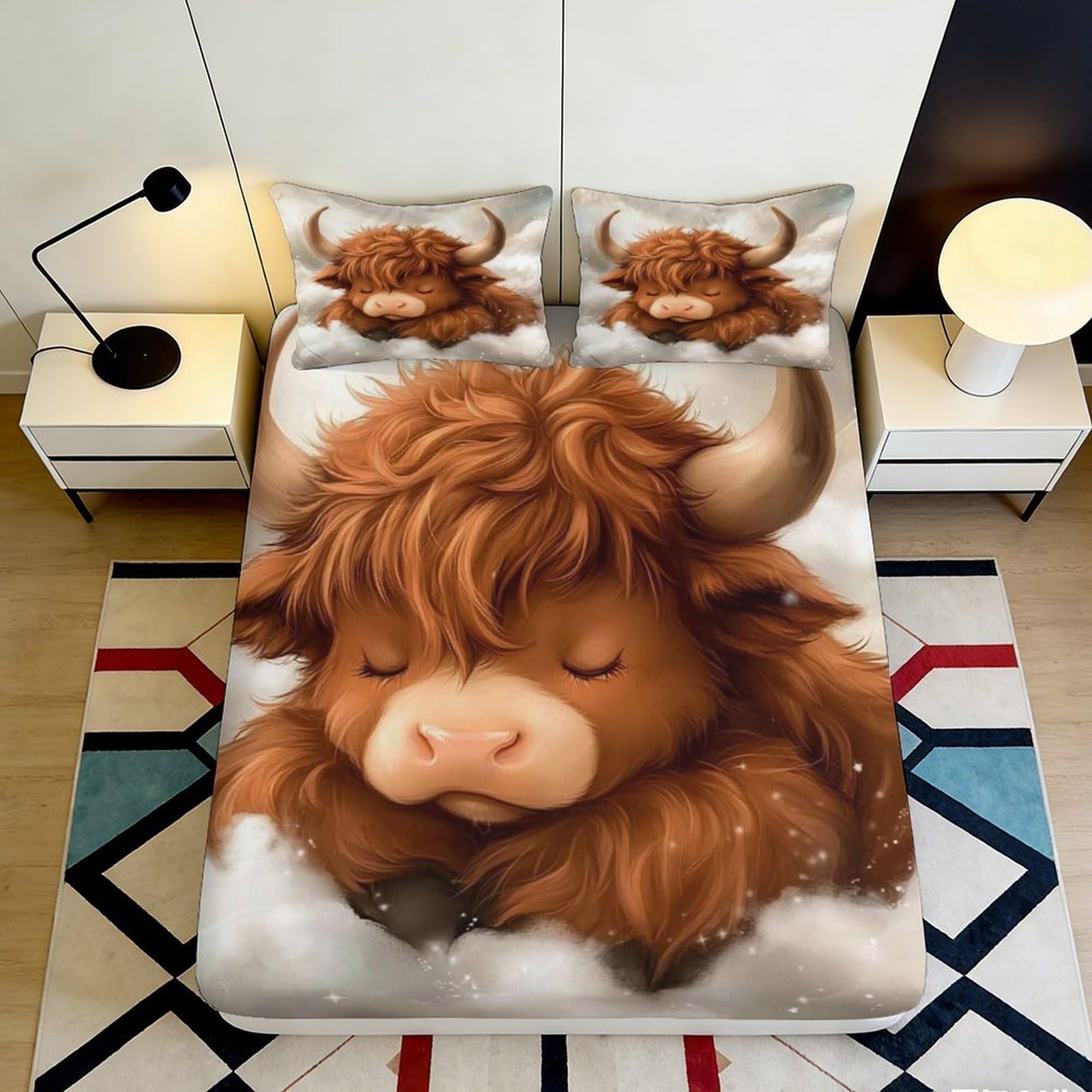 3D Printed Highland Cow Fitted Sheet Microfiber Soft Anti-Slip Animal Cartoon Bed Cover for Bedroom Guest Room 90x200x25cm