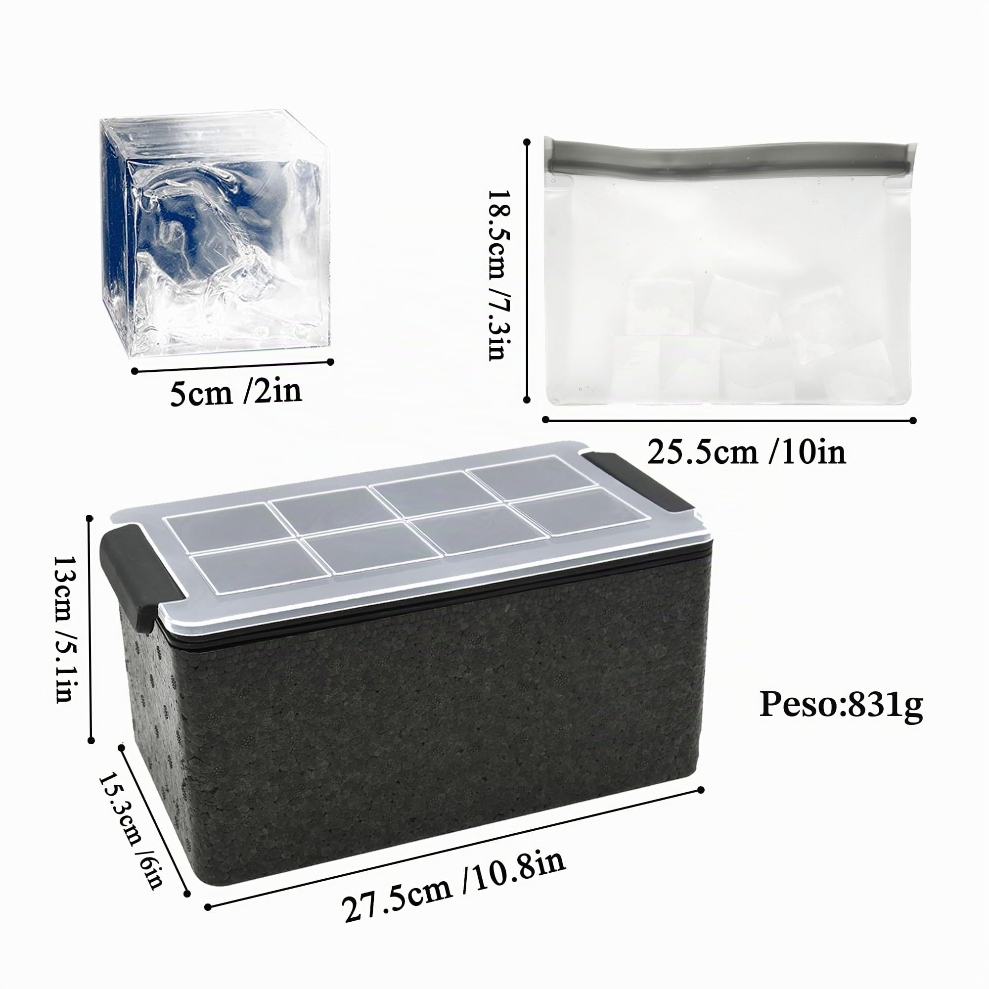 Bangp Molde para hacer 8 cubitos de hielo grandes cuadrados transparentes de 2 pulgadas para whisky, cóctel, bourbon y bebidas, con bolsa de almacenamiento