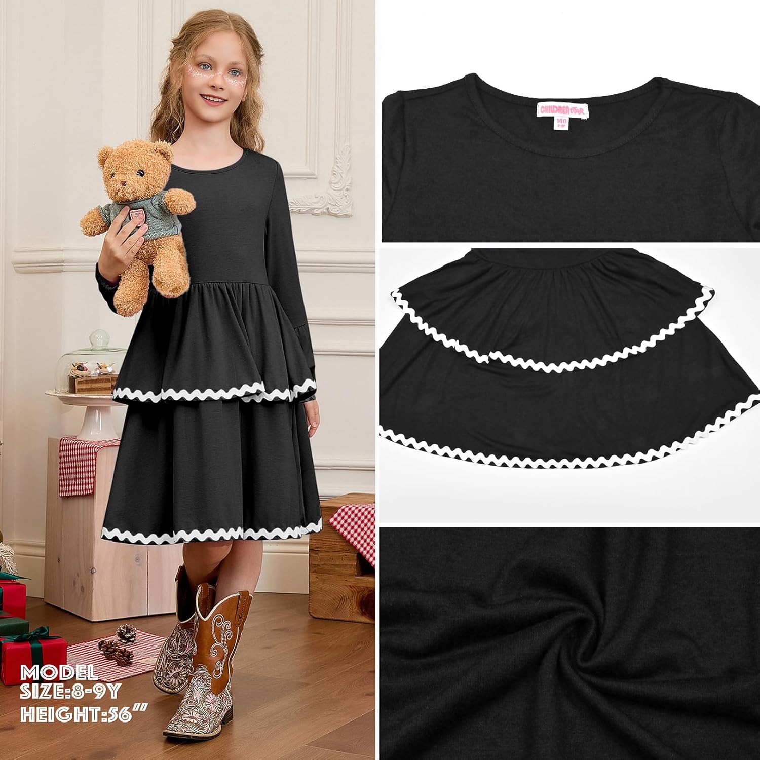 CHILDRENSTAR Girls Long Sleeves Ruffled Dress Fall Loose Fit Rickrack Tiered Flowy Twirl Dresses for Kids - Image 5