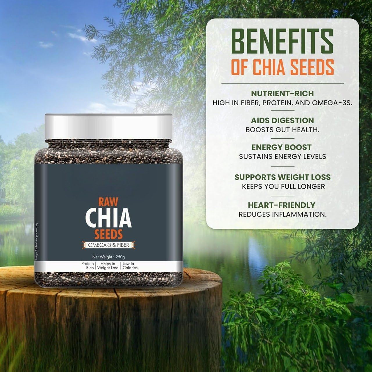 jp Raw Chia Seeds 250g for Eating | Rich in Omega-3, Fiber & Protein | Ideal Gluten-Free & Vegan