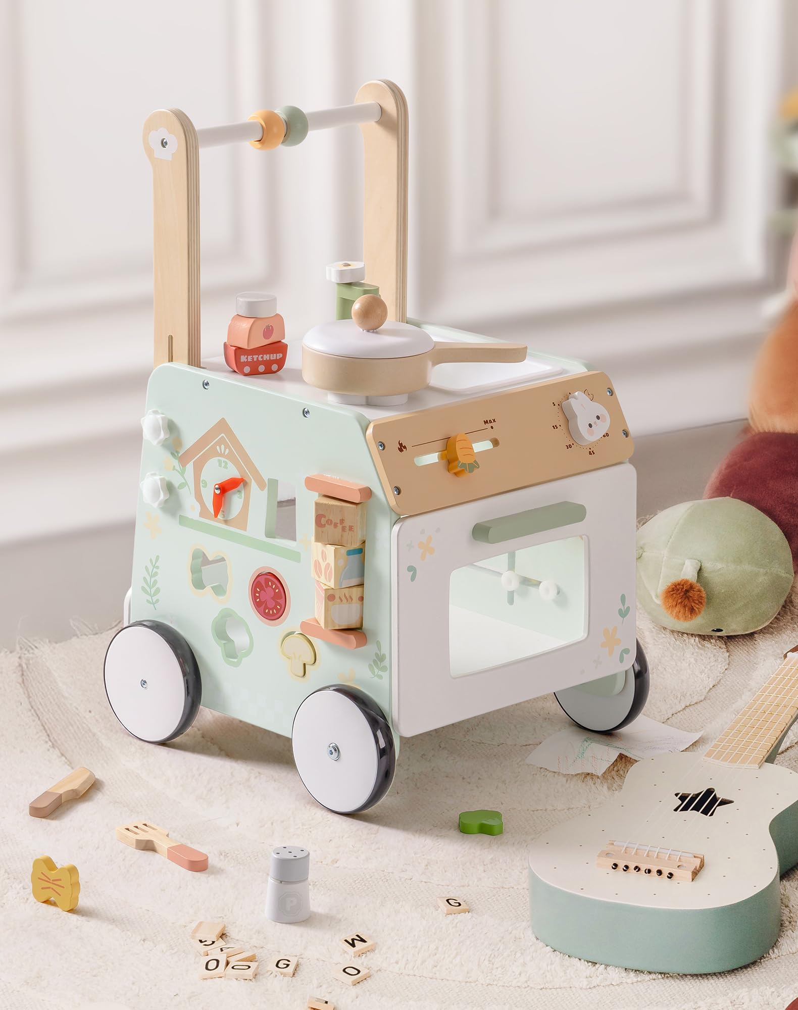 ROBOTIME Jouet en bois pour bébé avec ensemble de jeu de cuisine, cube d'activités 2 en 1 pour tout-petits, jouet éducatif d'apprentissage précoce, hauteur réglable et contrôle de la vitesse, cadeau