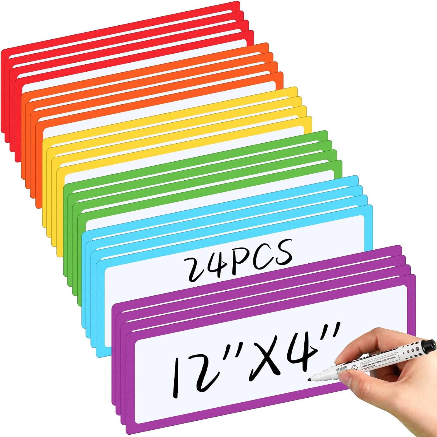 24 Pcs Large Magnetic Dry Erase Labels for Classroom, 12 x 4 Inch Rectangle Magnetic Name Plates Label Flexible Magnet Stickers for Whiteboards Refrigerator (Frame Style)