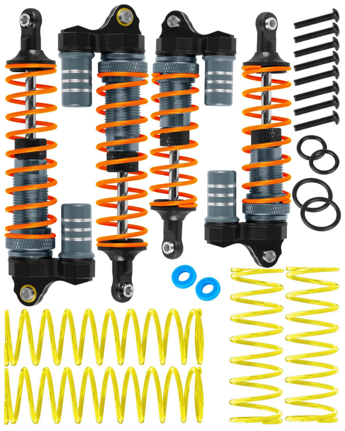 RCMYou RC Aluminum Front Rear Big Bore RC Shock Absorber Upgrades Part for 1/10 Slash,Stampede,Rustler,Hoss 2WD 4X4 VXL,Alloy 4PCS RC Shocks w/Golden