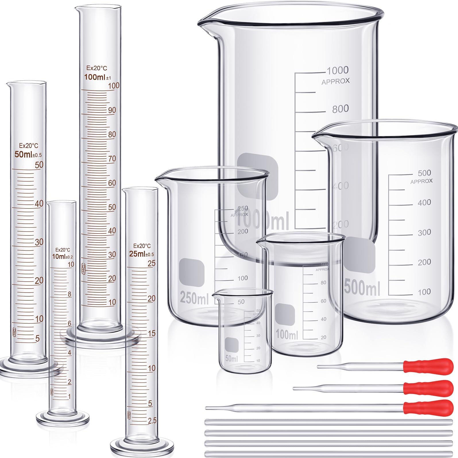 Glass Graduated Cylinder Beaker Set, Thick Lab Cylinders (10 ml, 25 ml, 50 ml, 100 ml), Glass Beaker (50 ml, 100 ml, 250 ml, 500 ml, 1000 ml) with 3 Glass Dropper and 4 Glass Stirring Rod in 7.9 Inch