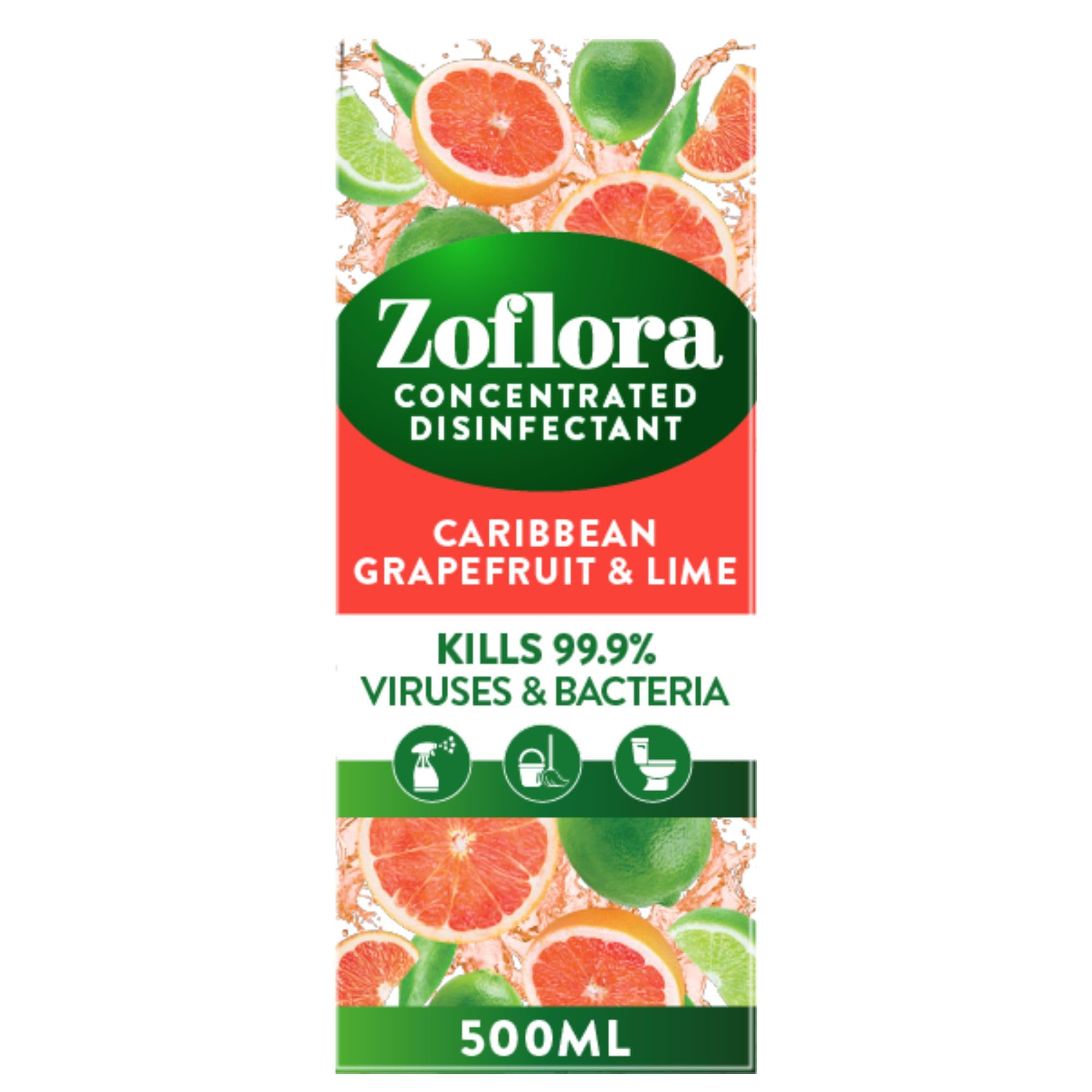 Zoflora Carribean & Grapefruit Concentrated Multipurpose Disinfectant Liquid, Antibacterial & Multi-Surface, Pet Safe, Kills 99.9% of Bacteria & Viruses, 1 X 500 ml