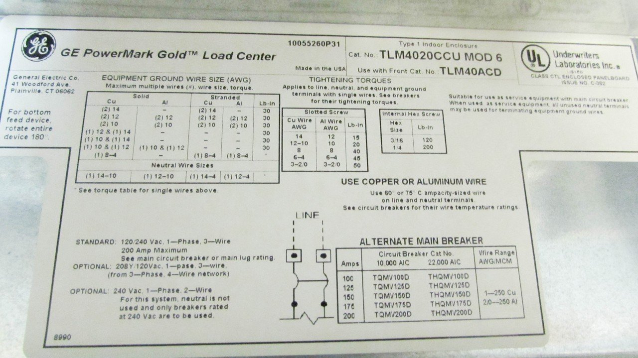 GE TLM4020CCU Load Center,200A,Lug,1 Phase,40 Spaces: Circuit ...