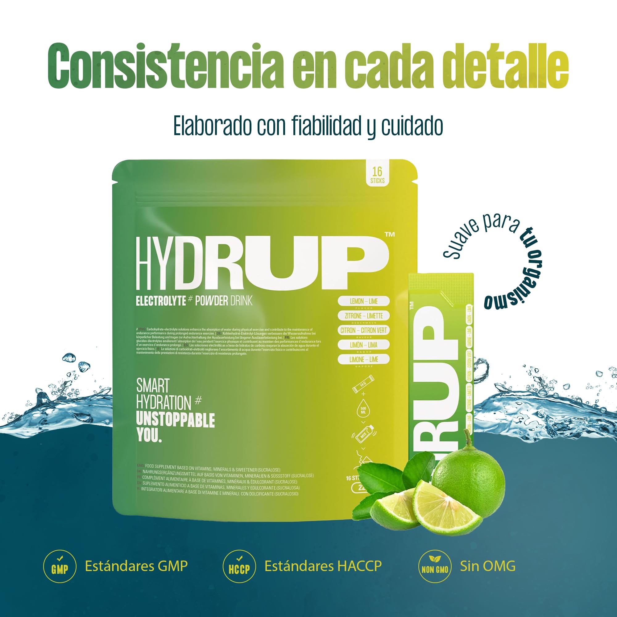 HYDRUP Electrolitos en Polvo 1733 mg - Hidratación Rápida y Energía al Instante, Sales Minerales con Vitaminas B y C para Deporte, Sabor Lima Limón, 16 Sobres Sin Gluten ni Lactosa
