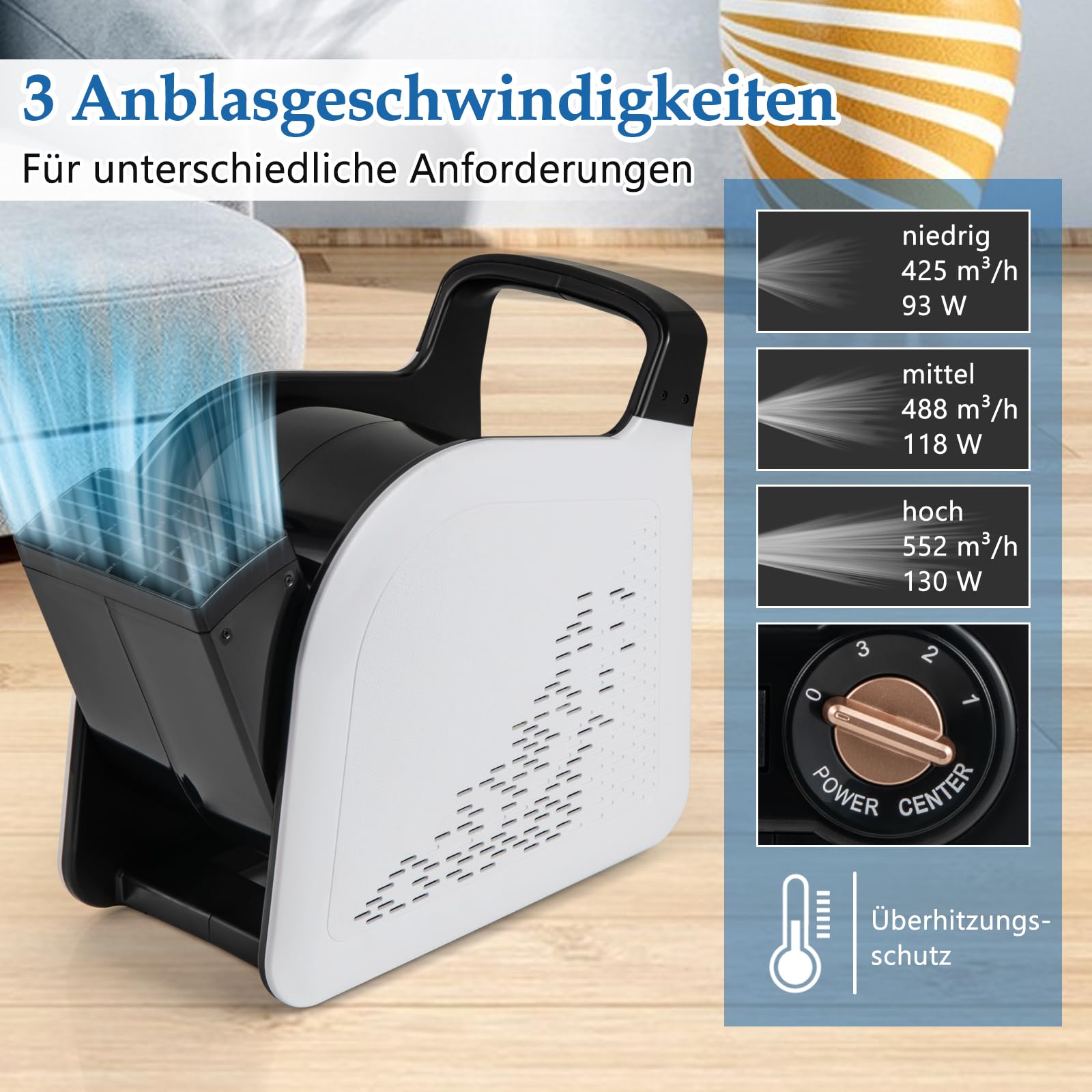 GOPLUS Bodengebläse, Air Mover Gebläse 130W mit 3 Luftgeschwindigkeiten, 185° drehbarem Kopf, Standventilator tragbar, Windmaschine, für Zuhause, Garage und Fitnessstudio