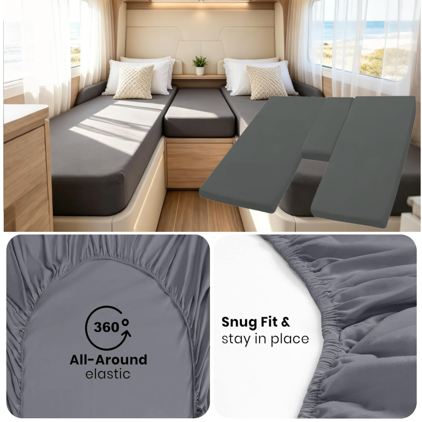 Wohnmobil Heckbett Spannbettlaken, 2 Längsbetten + 1 Mittelteil | 3-Teiligen Set, Hauptbett Nebenbett, Weiches, 360° Elastikrand, Wohnmobilbett Schonbezug, für Wohnwagen Hochbett Spannbettuch