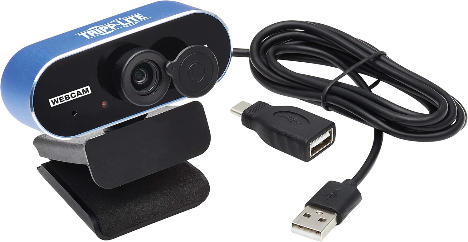 Tripp Lite USB Webcam with Microphone & Privacy Cover for Laptop/Desktop, HD 1080p/30fps, Included USB-C Adapter, Universal Rotating Mounting Clip, H.264 Video Compression, 3-Year Warranty (AWC-002)