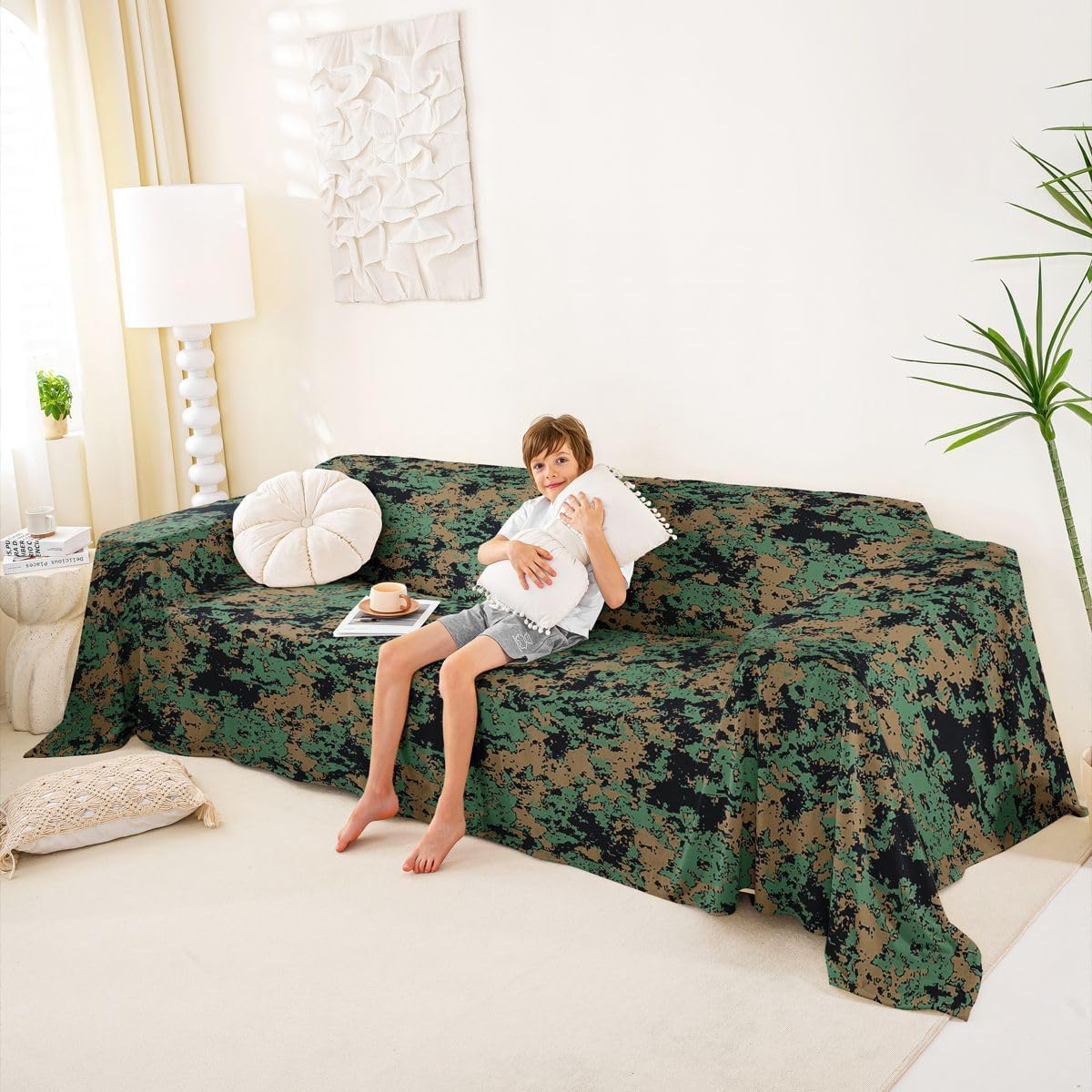 Erosebridal Camoflage Sofa Cover Boys Vintage Camo Couch Cover Non Slip 71" x 102" Military Camo Washable Sofa Slipcover Woodland Brown Army Green Rustic Couch Protector