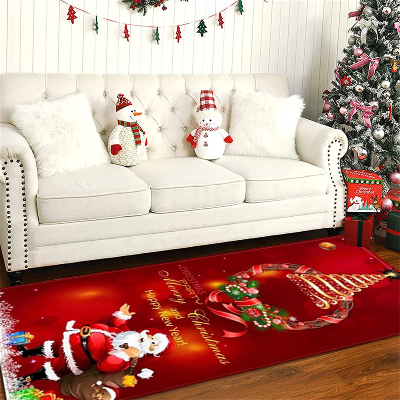 Alfombra De Navidad 3D Alfombra para Pasillo De Poliéster Alfombra Cocina Antideslizante Lavable Alfombra De Baño Felpudo De Papá Noel, Decoraciones Navideñas Rojas,60x180cm/23.6"x70.8"