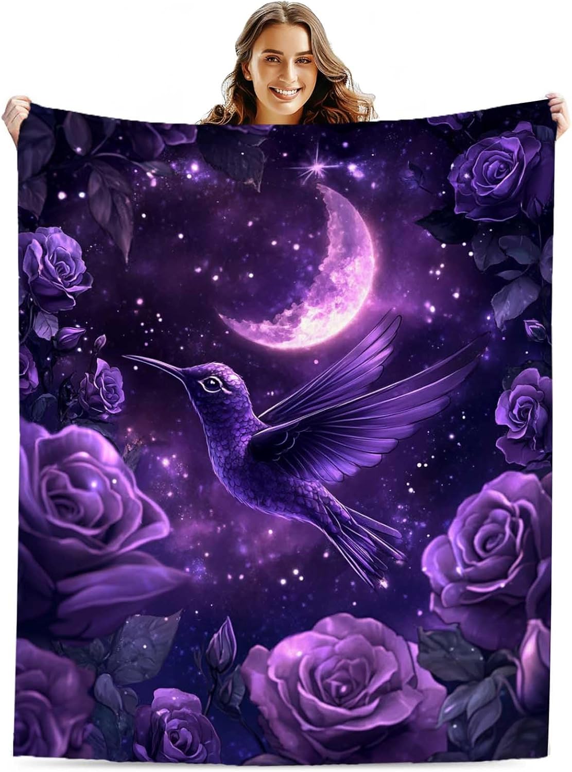 Purple Hummingbird Blanket, Moon and Floral Fantasy Throw, Soft Cozy Plush Fleece, Night Sky Blanket for Women, Girls, Bedroom Decor, Gift for Mom, Wife, Sofa, 60"x50"
