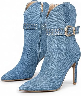 Womens Denim Stiletto Heel Ankle Boots with Studded Buckle Strap Stylish Pointed Toe Side Zipper High Heel Casual Mid-Calf Booties for Party Prom Office