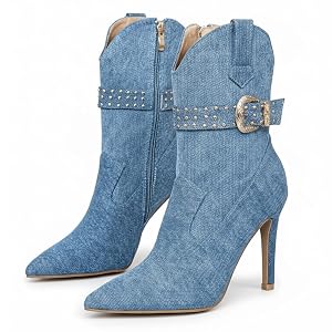 Womens Denim Stiletto Heel Ankle Boots with Studded Buckle Strap Stylish Pointed Toe Side Zipper High Heel Casual