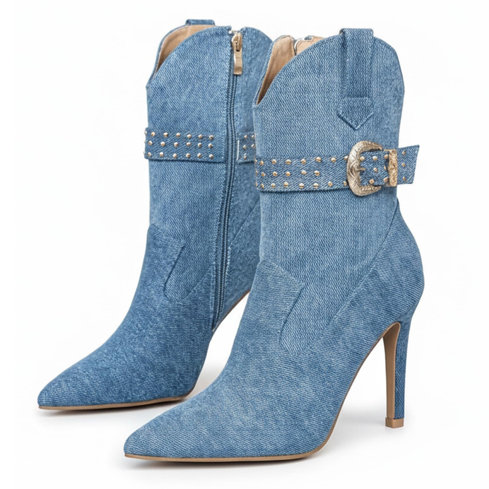 Womens Denim Stiletto Heel Ankle Boots with Studded Buckle Strap Stylish Pointed Toe Side Zipper High Heel Casual