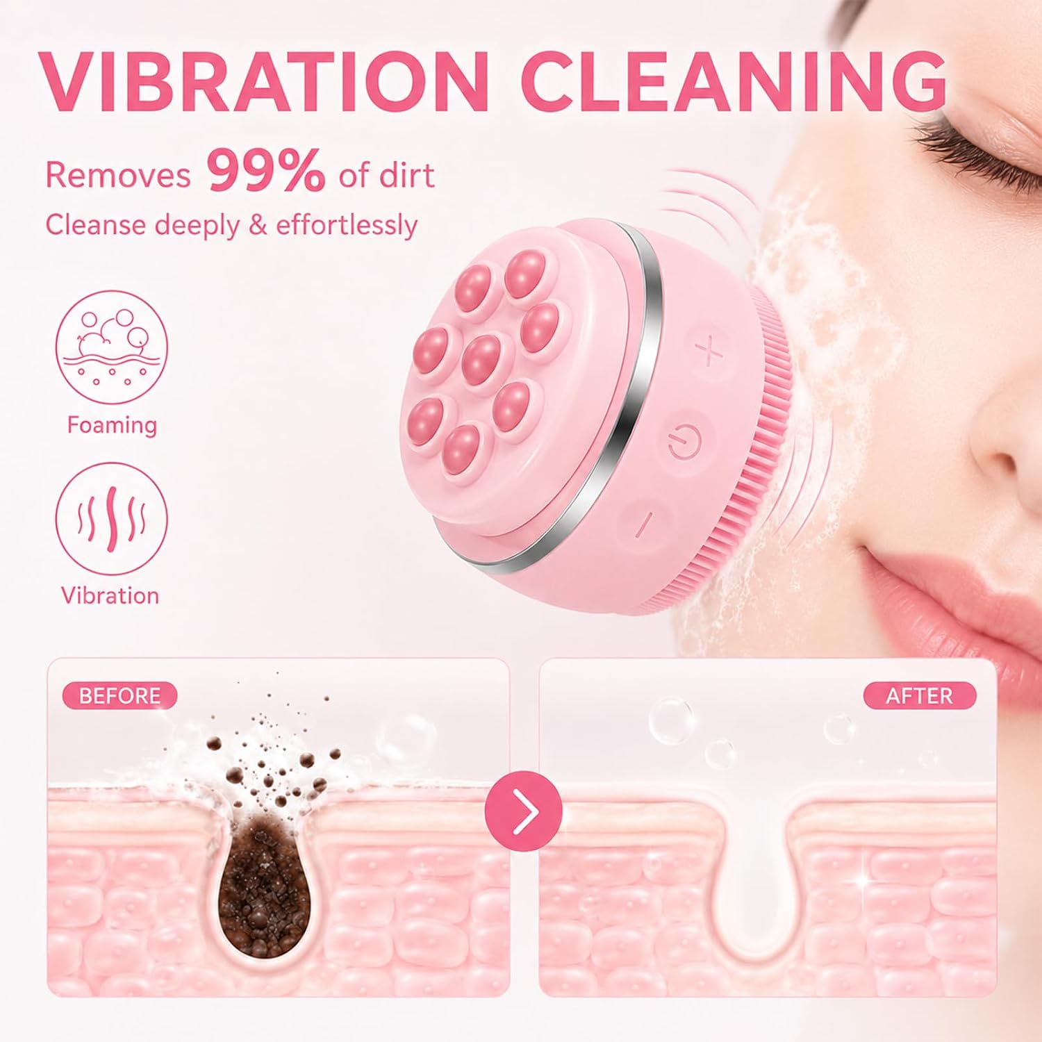Facial Cleansing Brush,4 Modes Rechargeable Silicone Face Scrubber with Heat Massage End, Deep Cleaning Waterproof Face Scrubber Exfoliator for Women and Men (Pink)