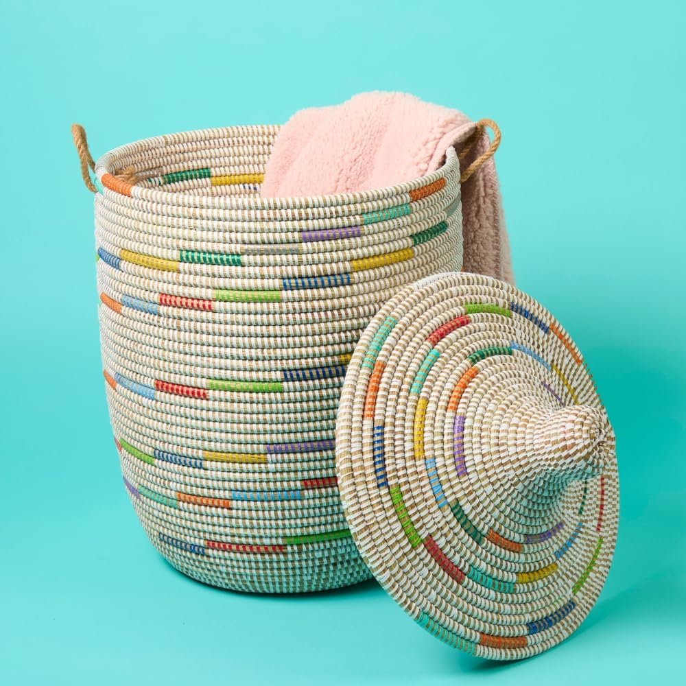 Wicker Laundry Basket, Colorful Pattern on White, 15" Wide, 19" Tall