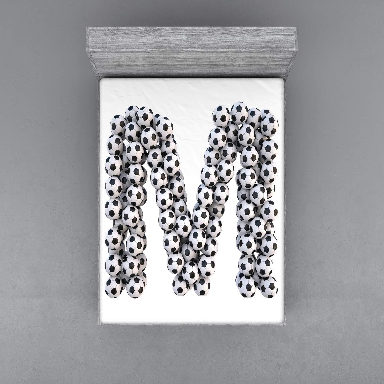 Ambesonne Letter M Fitted Sheet, Diagonal and Vertical Stack of Soccer Balls Alphabet Letter Design, Soft Decorative Fabric Bedding All-Round Elastic Pocket, Queen Size, Black and White