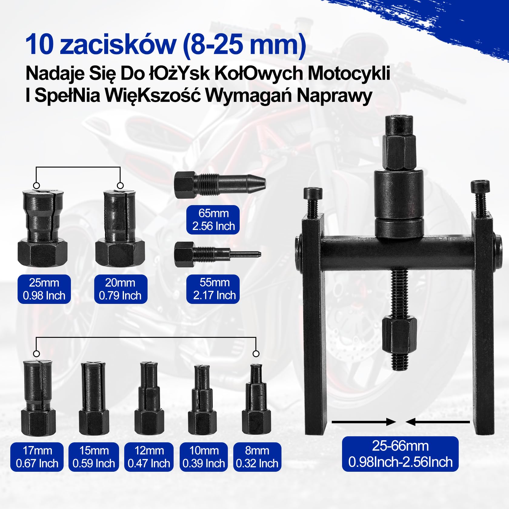 CarBole Zestaw ściągaczy do łożysk wewnętrznych do motocykla, 10 sztuk, 8–25 mm, zestaw ściągaczy do łożysk wewnętrznych, wkładka pilota młotka ślizgowego, wyciągacz otworów ślepych, uniwersalny do
