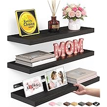 BAYKA Floating Shelves for Wall, Wall Mounted Rustic Wood Shelves for Bathroom, Bedroom, Living Room, Kitchen, Hanging Shelf for Books/Storage/Room Decor with 22lbs Capacity (Black, Set of 3, 15.7in)
