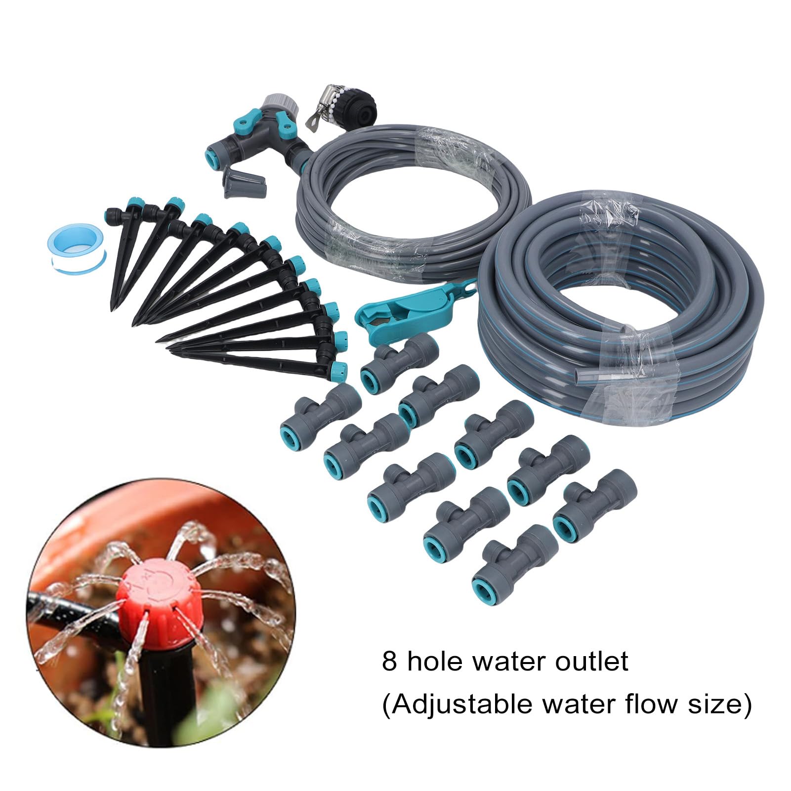 Keenso Sistema de riego por goteo PE PVC ABS sistema de riego de jardín de 32,8 pies con 8 orificios de nebulización ajustables 3 modos de pulverización para césped, jardín, invernadero, refrigeración