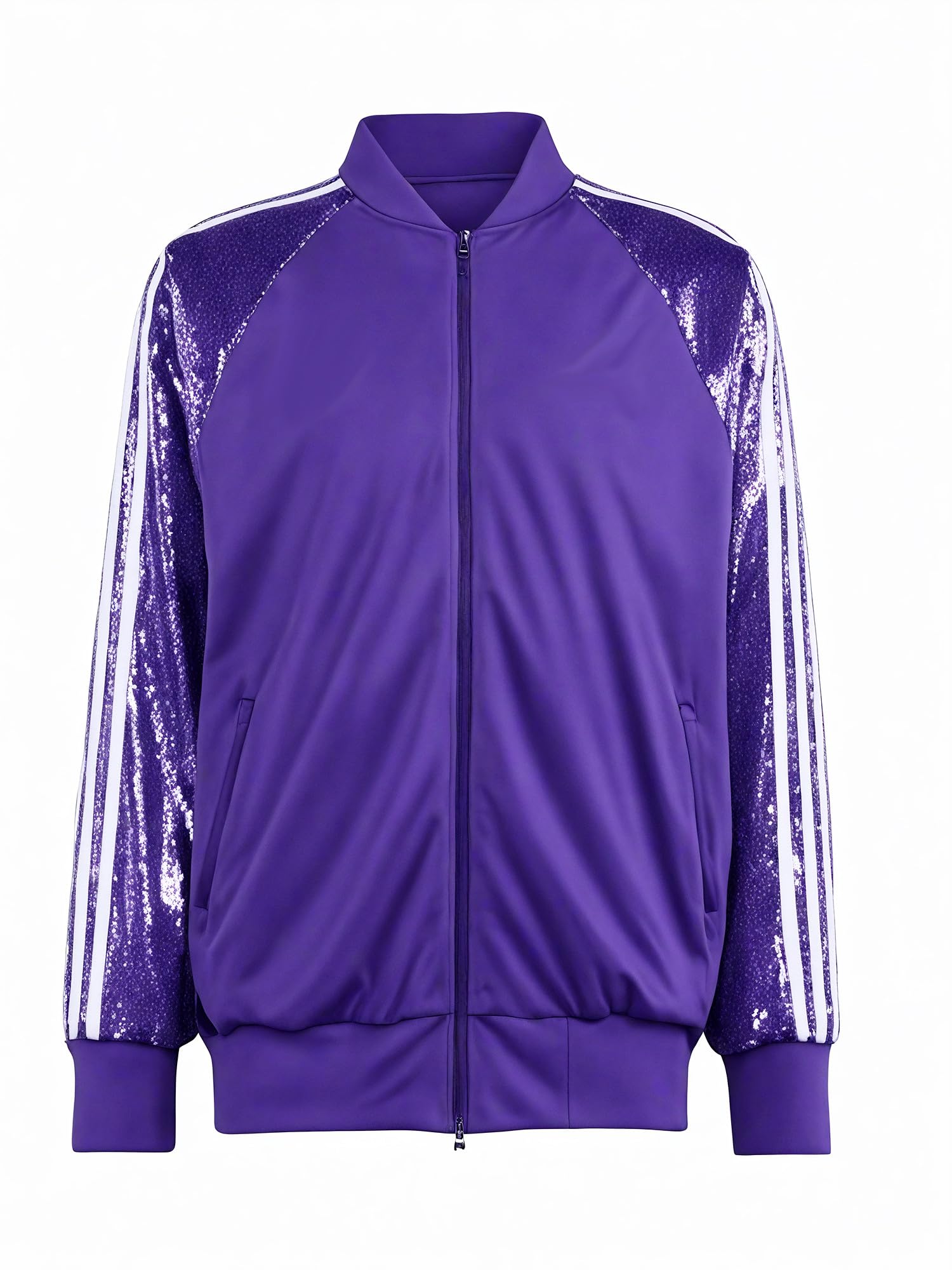 Unisex Classic Purple Sequin Fabric Ribb Knitted Style White Stripes Tracksuit