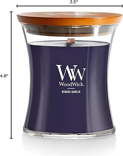 Vista 5 de WoodWick Hinoki Dahlia - Vela mediana en frasco, con forma de reloj de arena, cera de mezcla de soja prémium, mecha de madera Pluswick Innovation