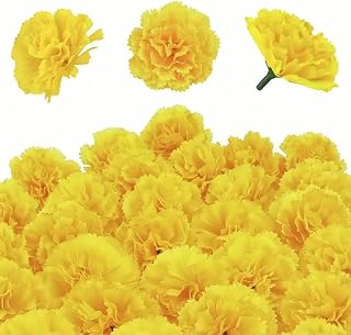 KYMY Artificial Marigold Flower Heads with Stems, 50 Pcs Yellow Silk Flowers for DIY Garlands, Diwali Decorations, Hindu Puja, Indian Wedding, Halloween, Day of The Dead Dia De Los Muertos & Home