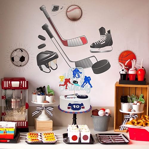 Miniatura 2 de Decoración para pastel de hockey sobre hielo | Decoraciones de cumpleaños de hockey sobre hielo para niños, niñas, adultos – tema deportivo plateado