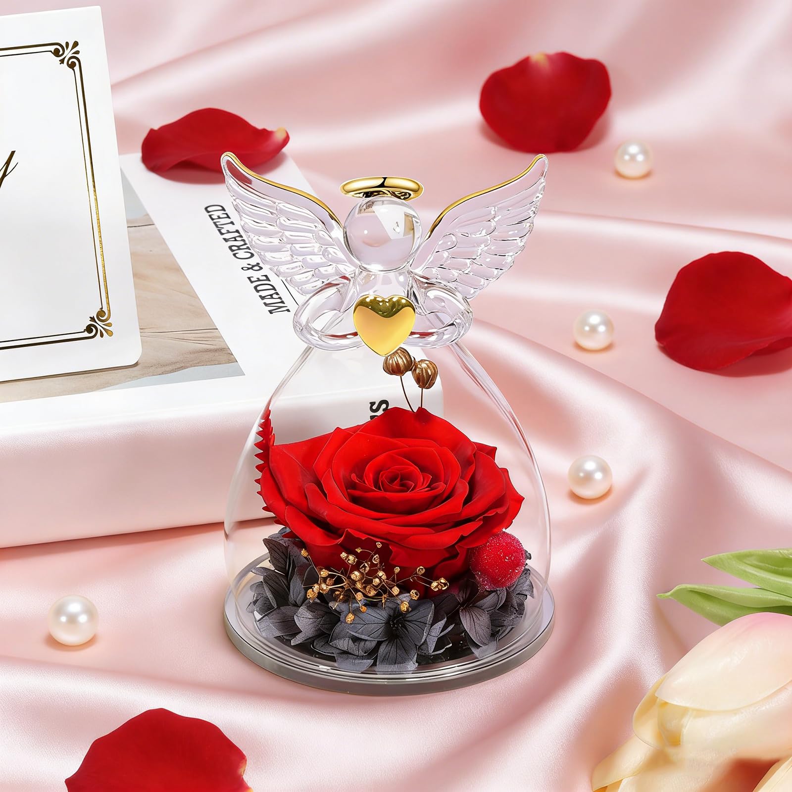 Yamonic Rosa Stabilizzata Vera Regalo Donna,Rosa Eterna in Angel Cupola Regali Mamma,Figurine di Angeli Regali Nonna Donna Compleanno,Angelo Custode Idee Regalo Natale Festa della Mamma