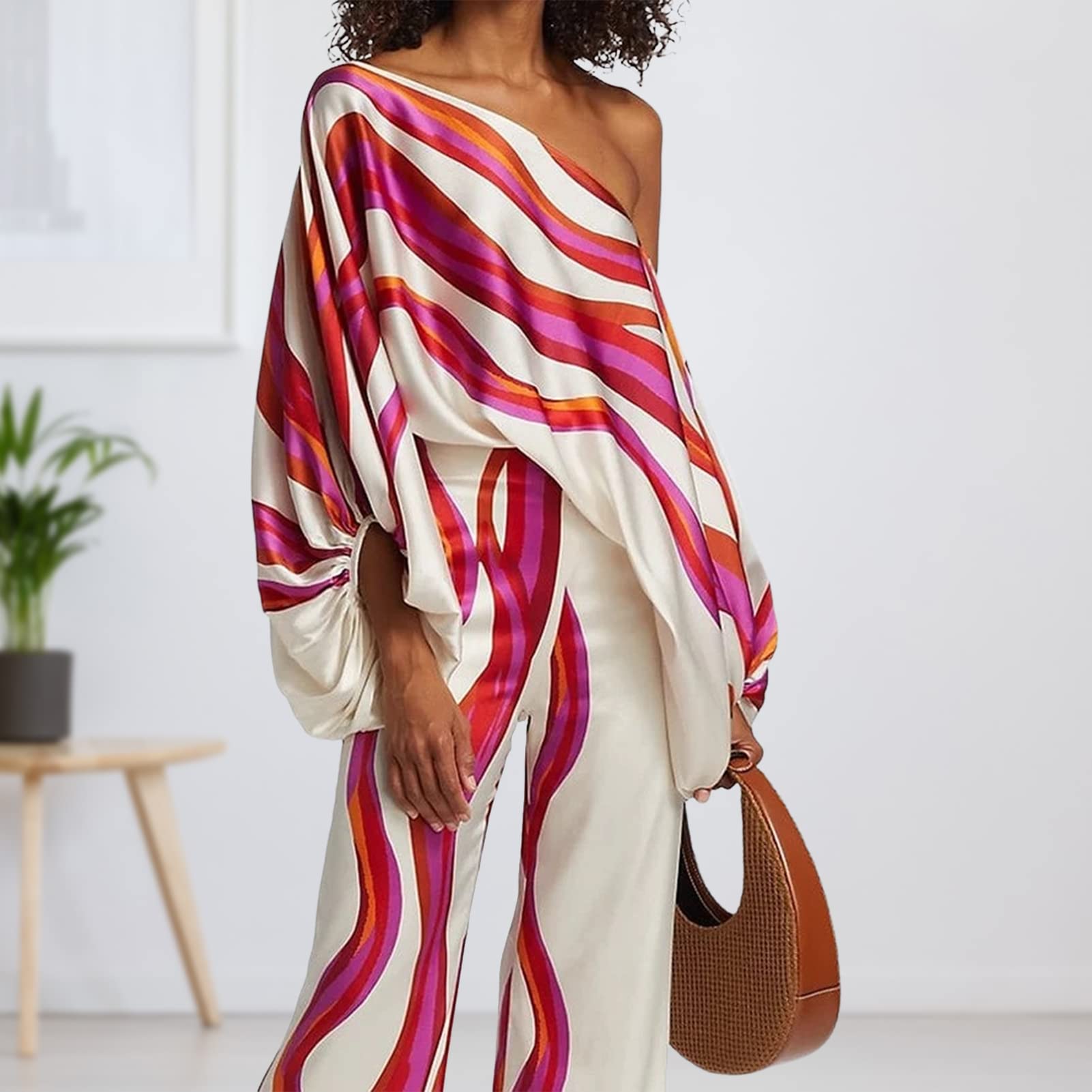 Conjunto casual de dos piezas para mujer, con hombros descubiertos, manga larga, pantalones de pierna ancha, para invitados de boda, salir