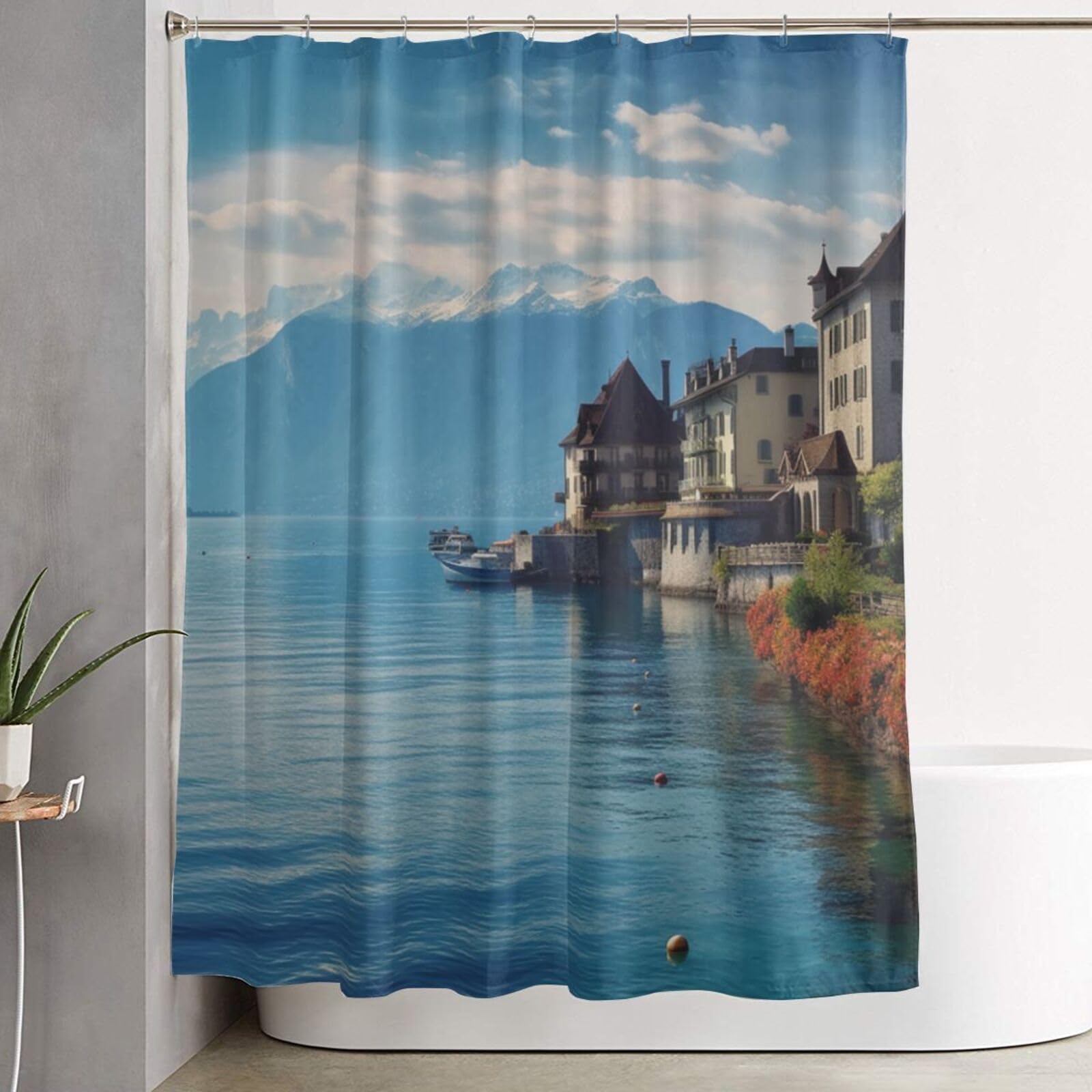 Rideau de douche anti-adhérence en tissu épais motif lac Léman Suisse