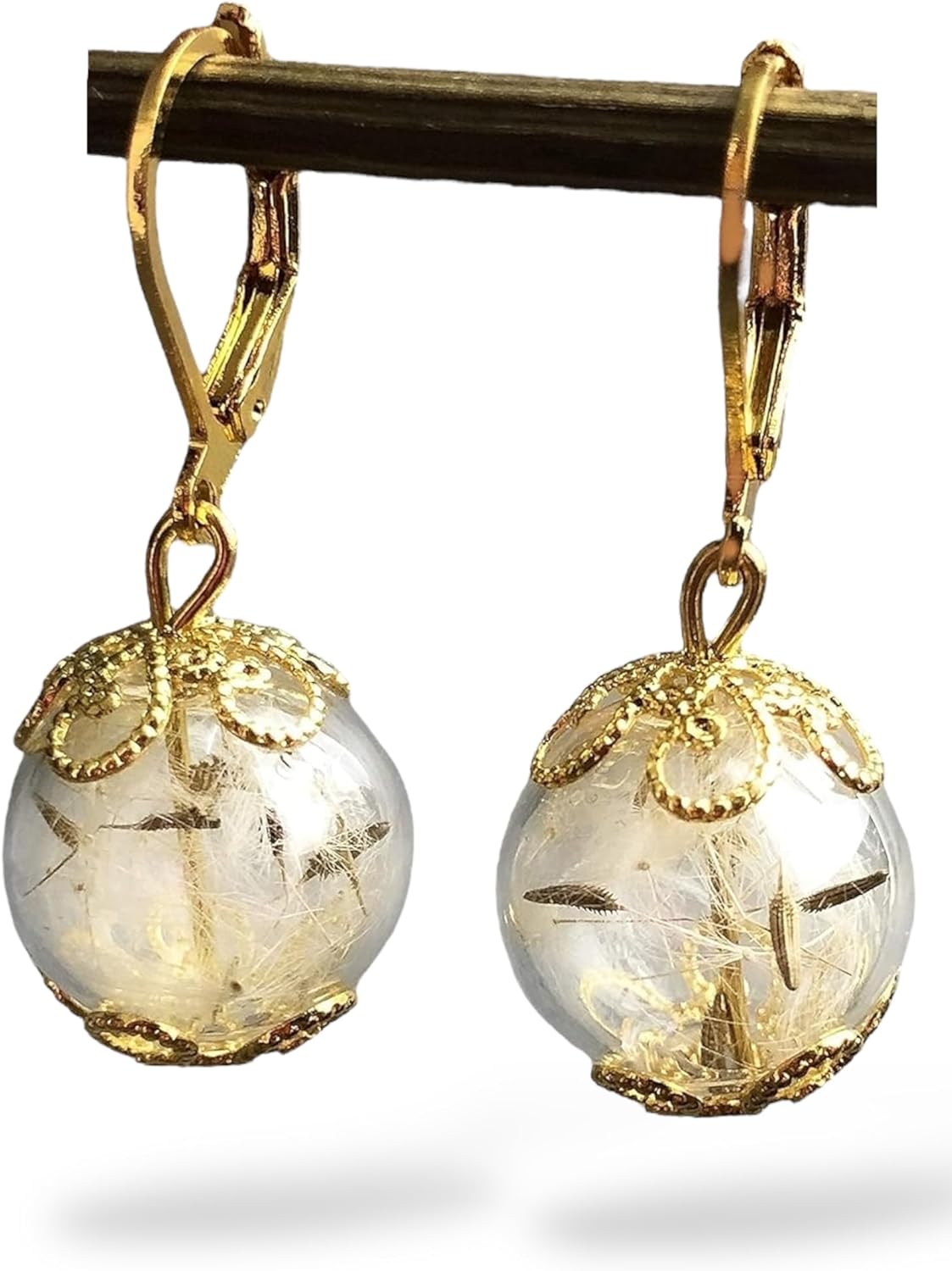 Real Dandelion Earrings - Gold Plated - Lever Back Hooks - Hanging 3cm/1.18inch - Handmade in Germany - Gift Box