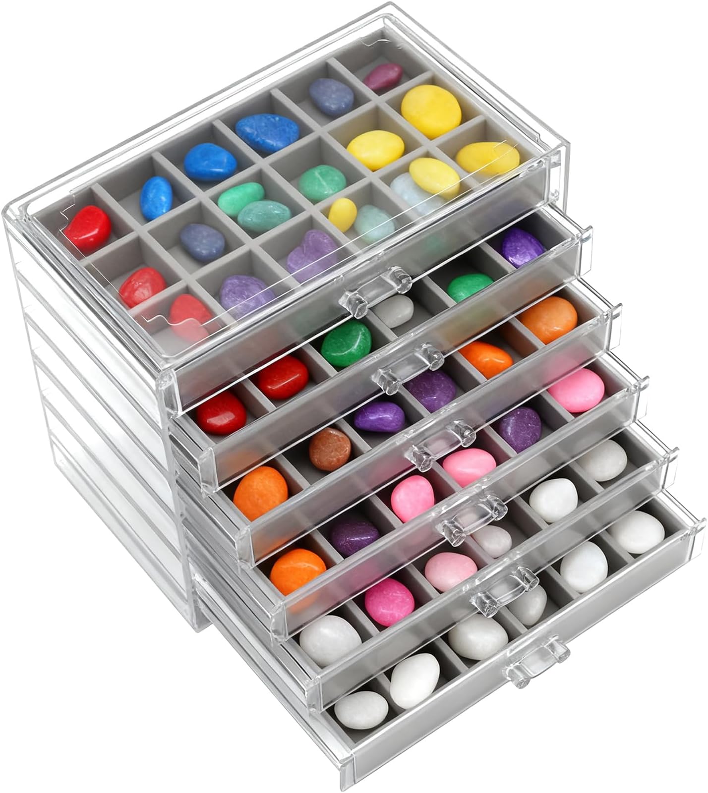 Rock Display Case, 6 Drawers 108 Grids Crystal Storage Box, Rock Collection Box, Acrylic Gemstone Box, Storage Stone Cases, Fossil Display Case Stone Organiser for Jewellery Collectibles,Gray