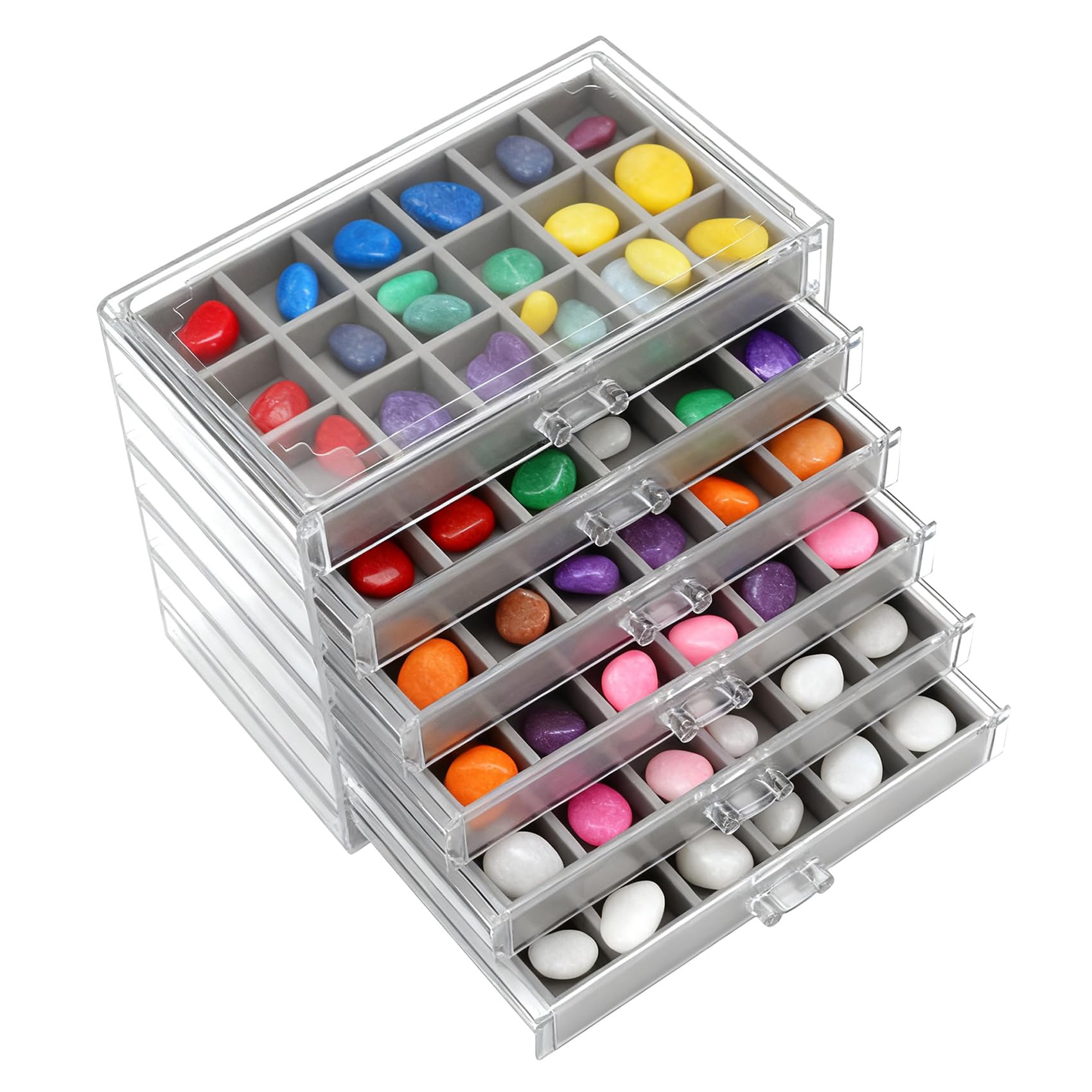 Juwacoo Rock Display Case, 6 Drawers 108 Grids Crystal Storage Box, Rock Collection Box, Acrylic Gemstone Box, Storage Stone Cases, Fossil Display Case Stone Organiser for Jewellery Collectibles,Gray