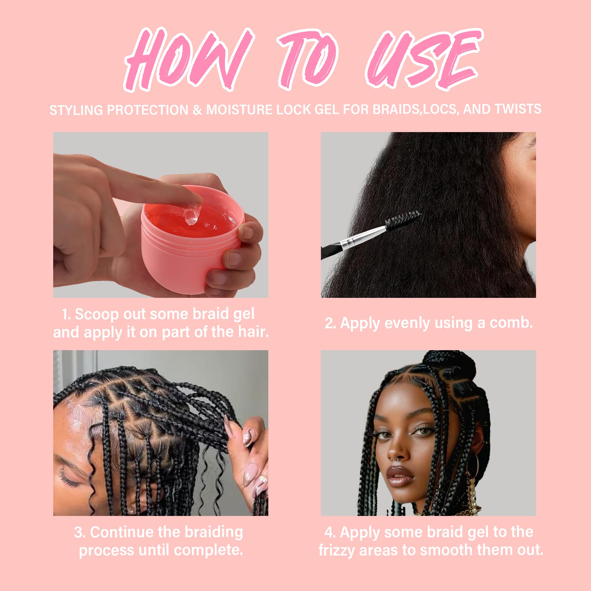 immetee Gel para Trenzas, Gel para Torcer y Marcar con Fijación Todo el Día, Control de Bordes para Cabello Afro, Cera Antifrizz para Cabello con Cepillo Aplicador (Rosa 150g)