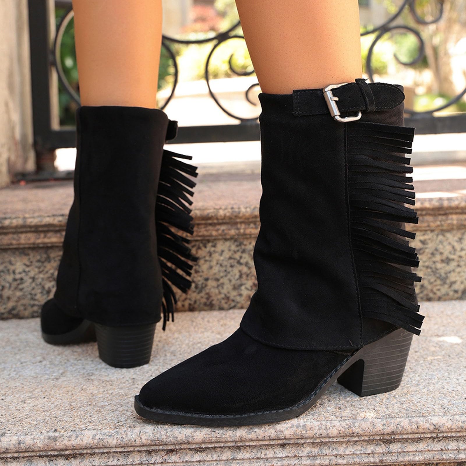 Botas por Encima de la Rodilla Botas Elegantes de Media caña con Flecos Estilo Western y tacón Grueso para
